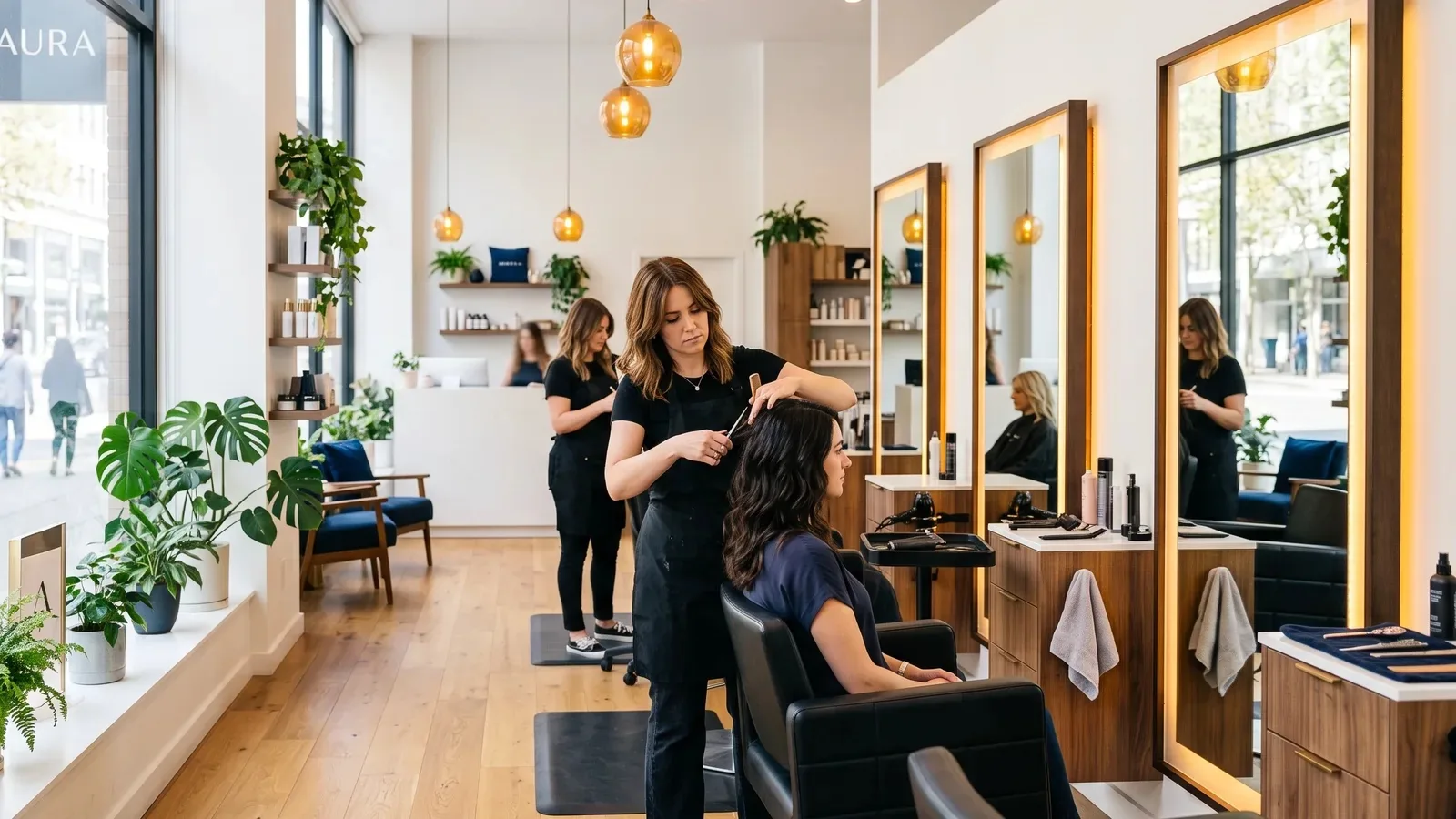 Friseursalon mit einer Reihe von Spiegeln und Tageslicht durch hohe Fenster