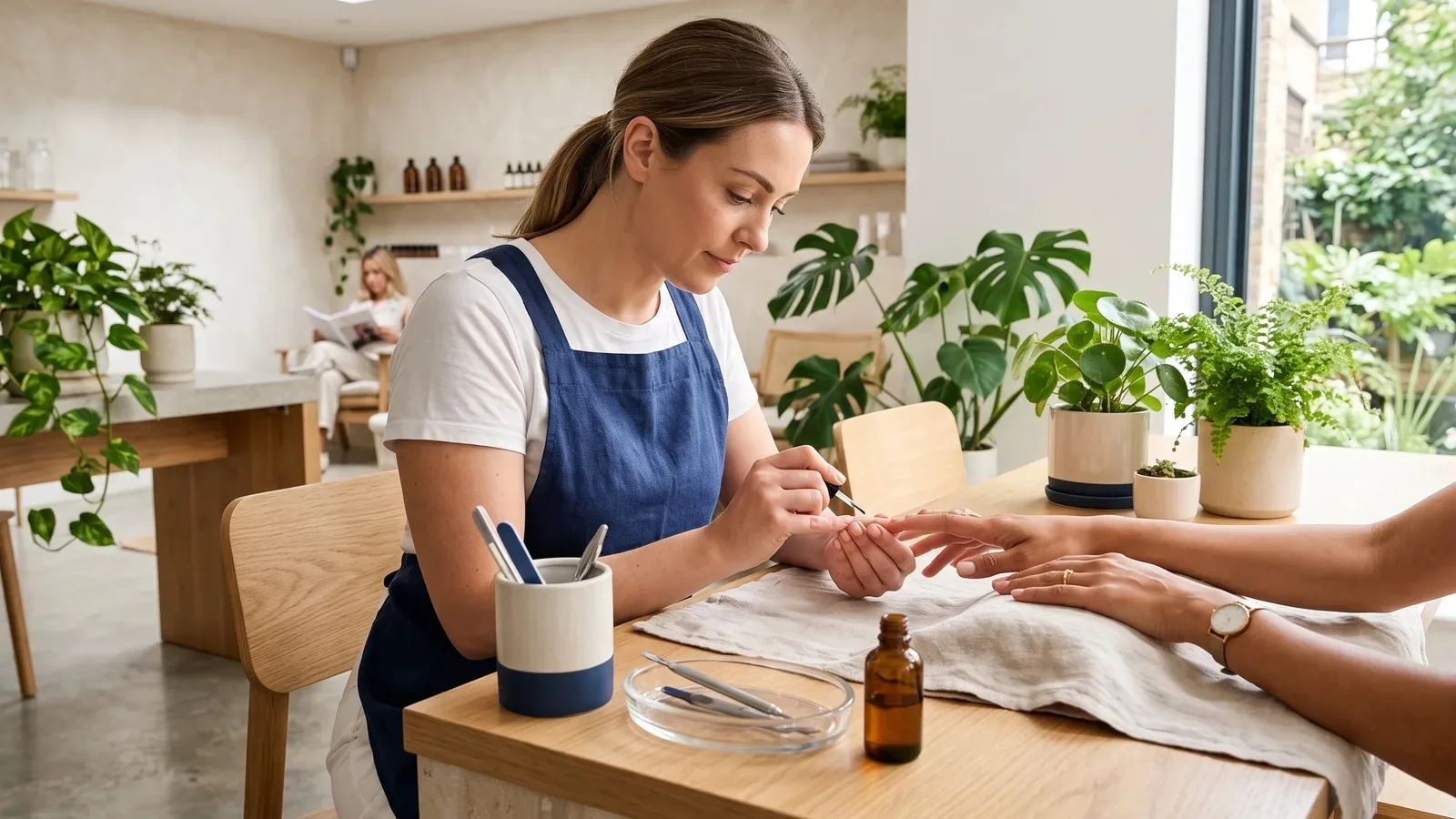 Nageldesignerin bei der Arbeit an einem Tisch im Nagelstudio mit Pflanzen und kleinen Fläschchen