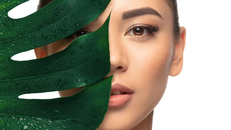 Ein halbes Gesicht neben einem nassen Monstera-Blatt mit Wassertropfen